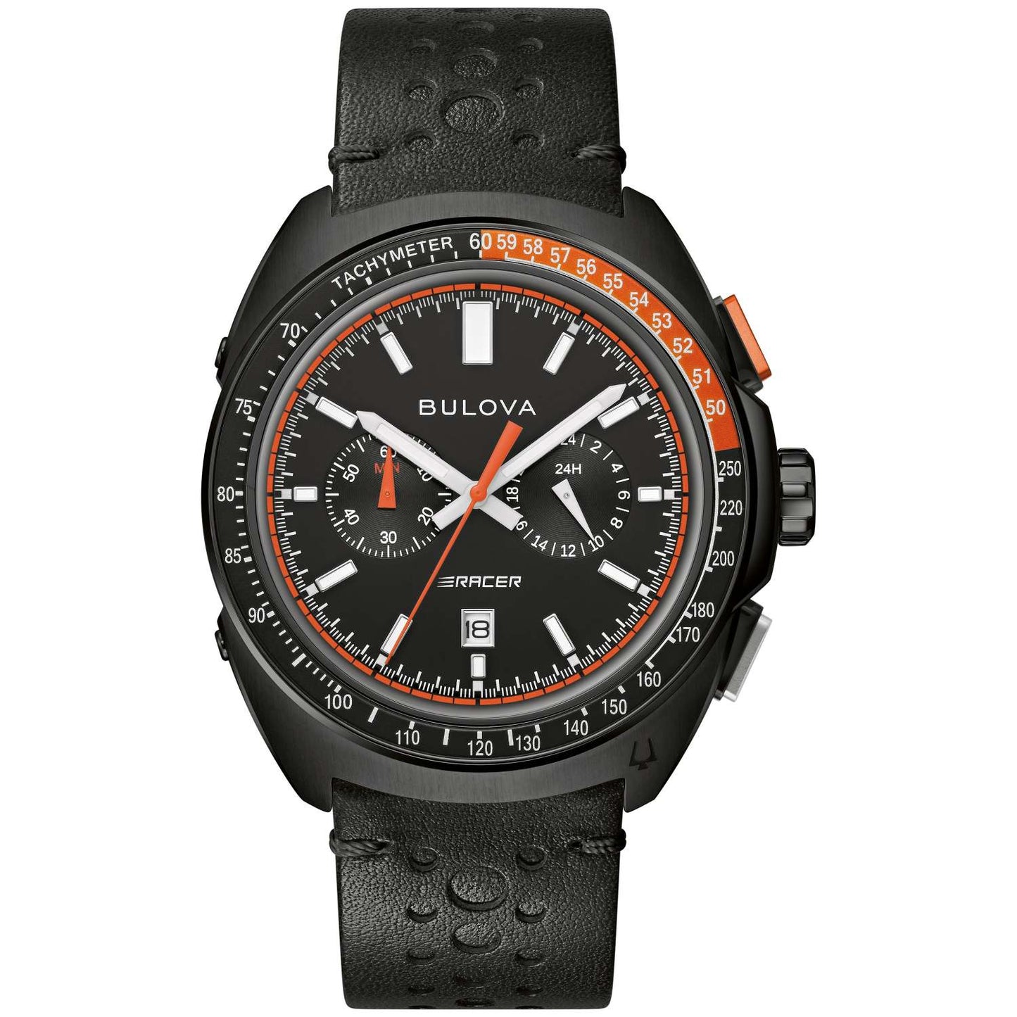 MEN'S RACER CHRONOGRAPH BLACK LEATHER STRAP WATCH, BLACK DIAL