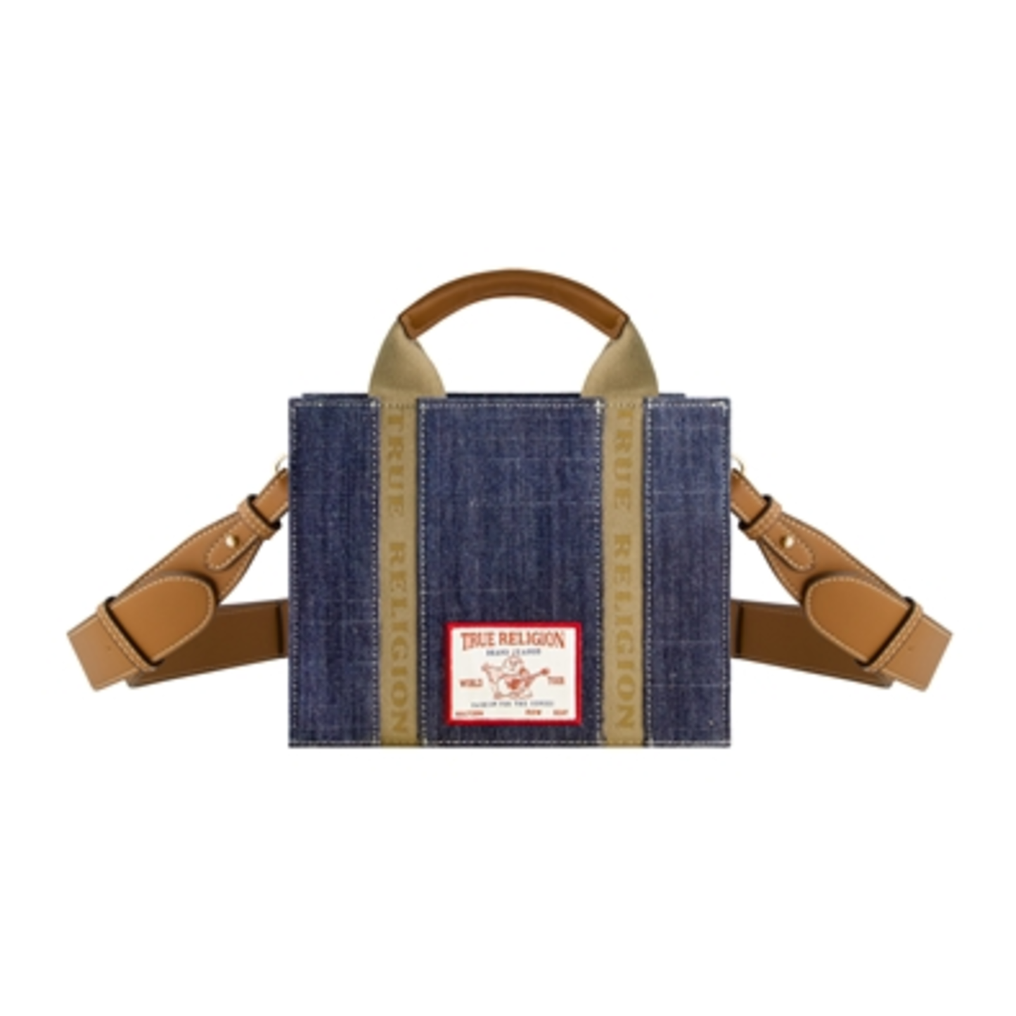 TRUE RELIGION DENIM MINI BOX TOTE STRAP, DARK DENIM