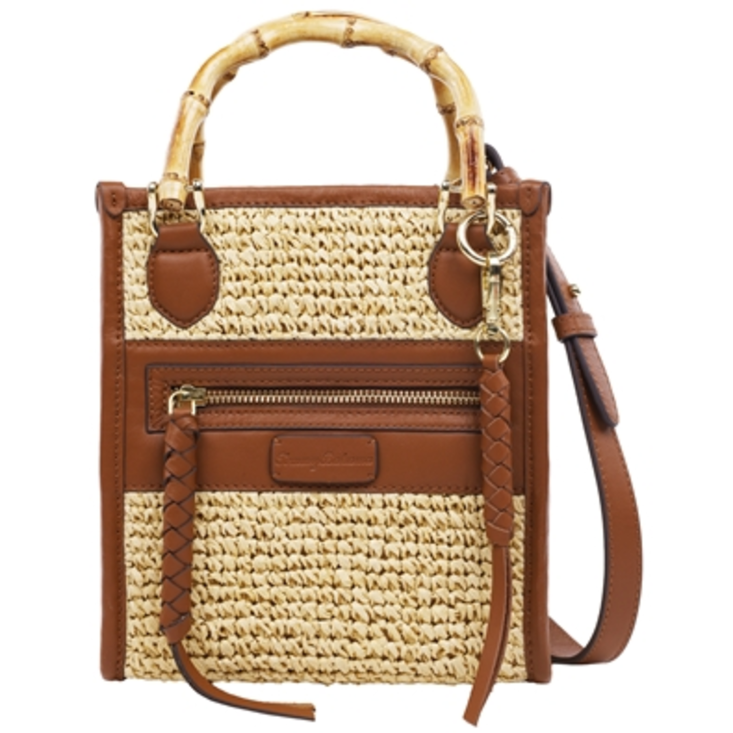 LEATHER AND RAFFIA BAMBOO HANDLE TOTE, COGNAC