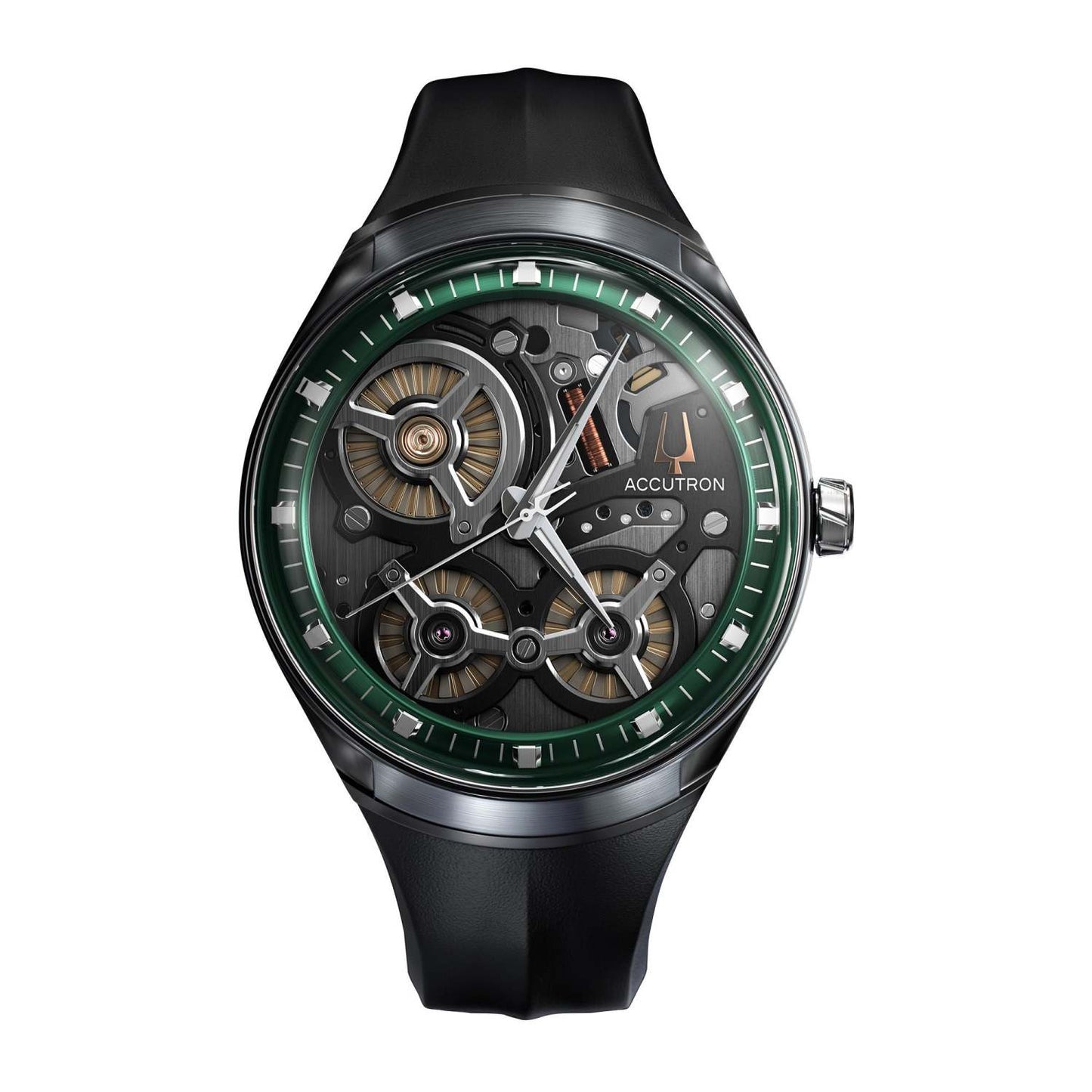 MEN'S ACCUTRON DNA ELECTROSTATIC GREEN & BLACK RUBBER STRAP WATCH, GRAY DIAL