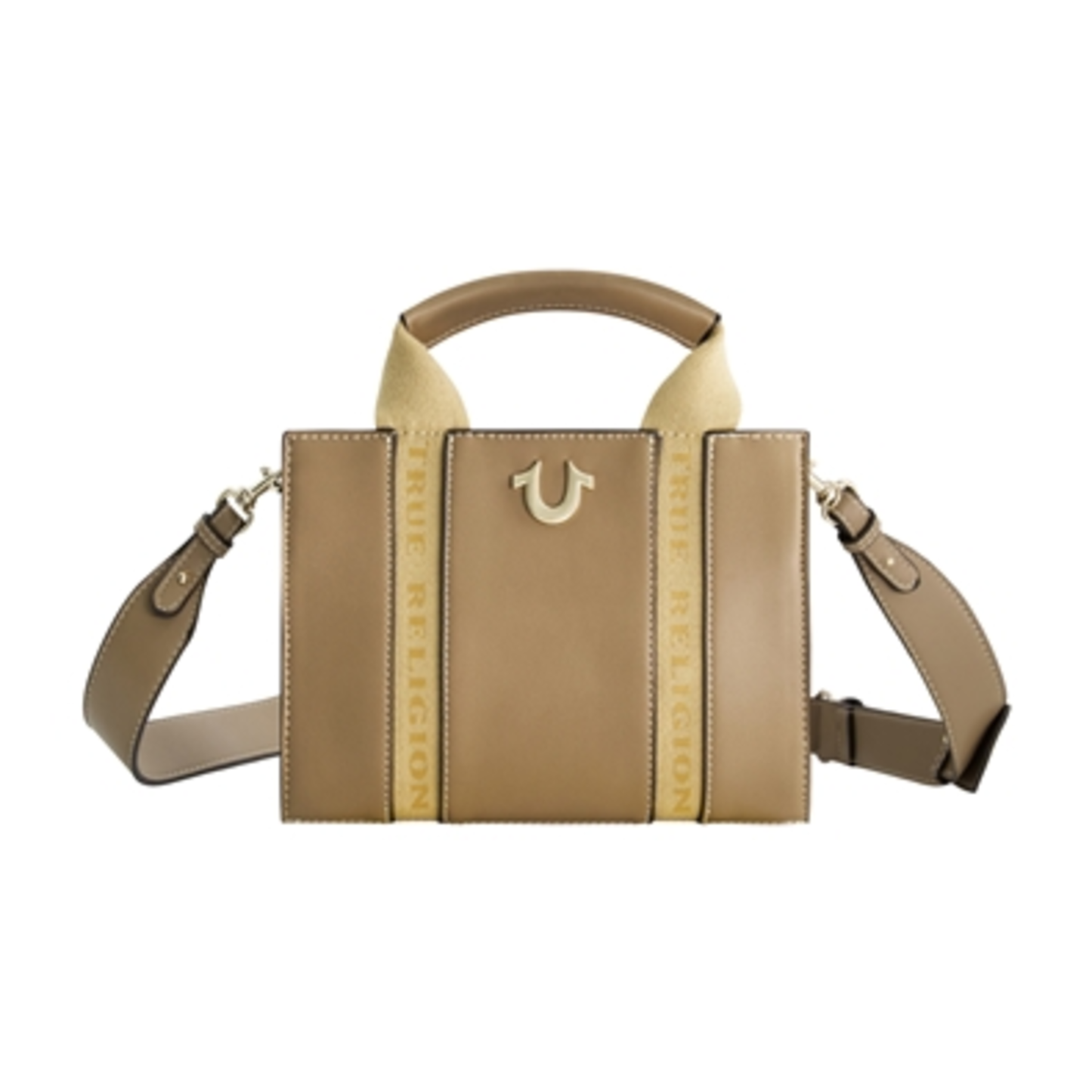 TRUE RELIGION FAUX LEATHER MINI TOTE, TAUPE