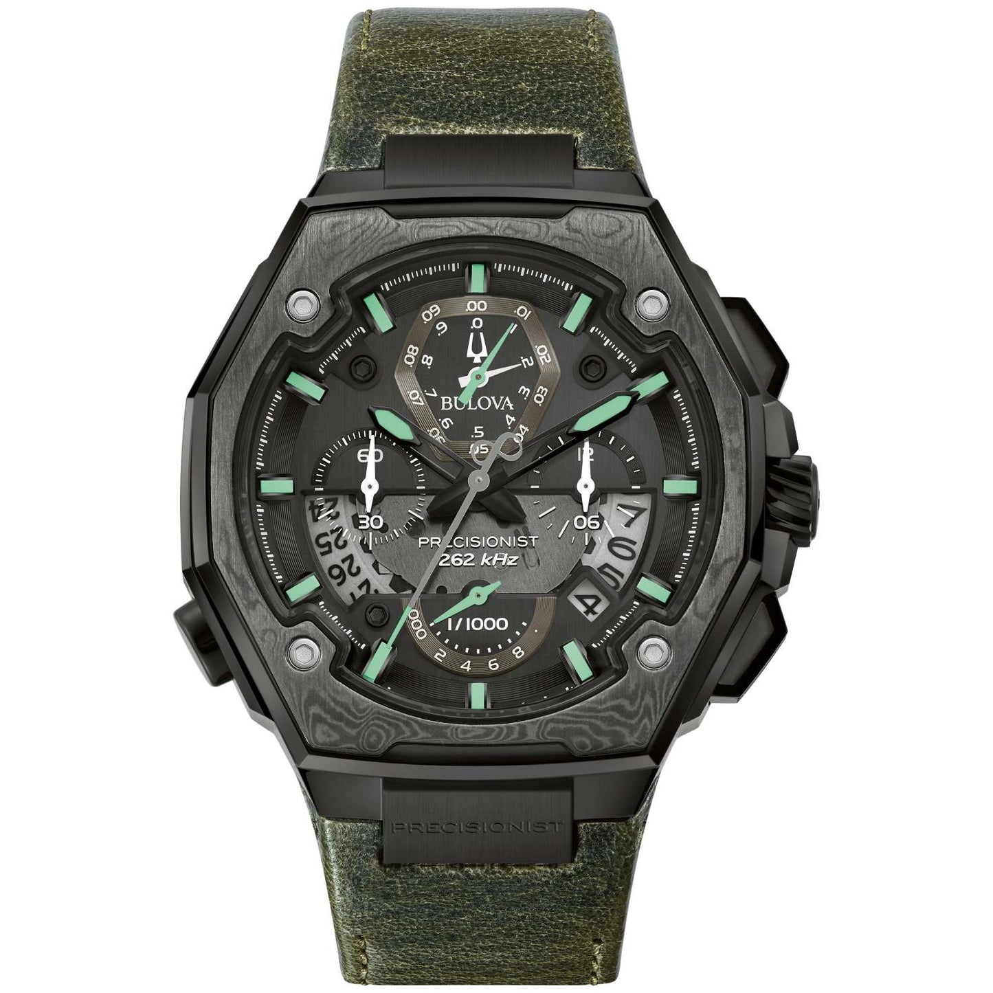 MEN'S SERIES X SE PRECISIONIST CHRONOGRAPH GREEN LEATHER STRAP WATCH, BLACK DIAL