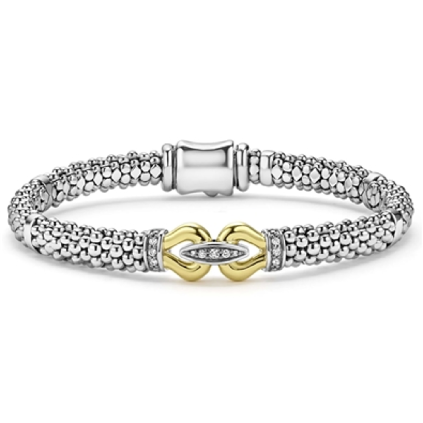 TWO-TONE CAVIAR BUCKLE DIAMOND BRACELET, STERLING SILVER & 18K GOLD, 6MM