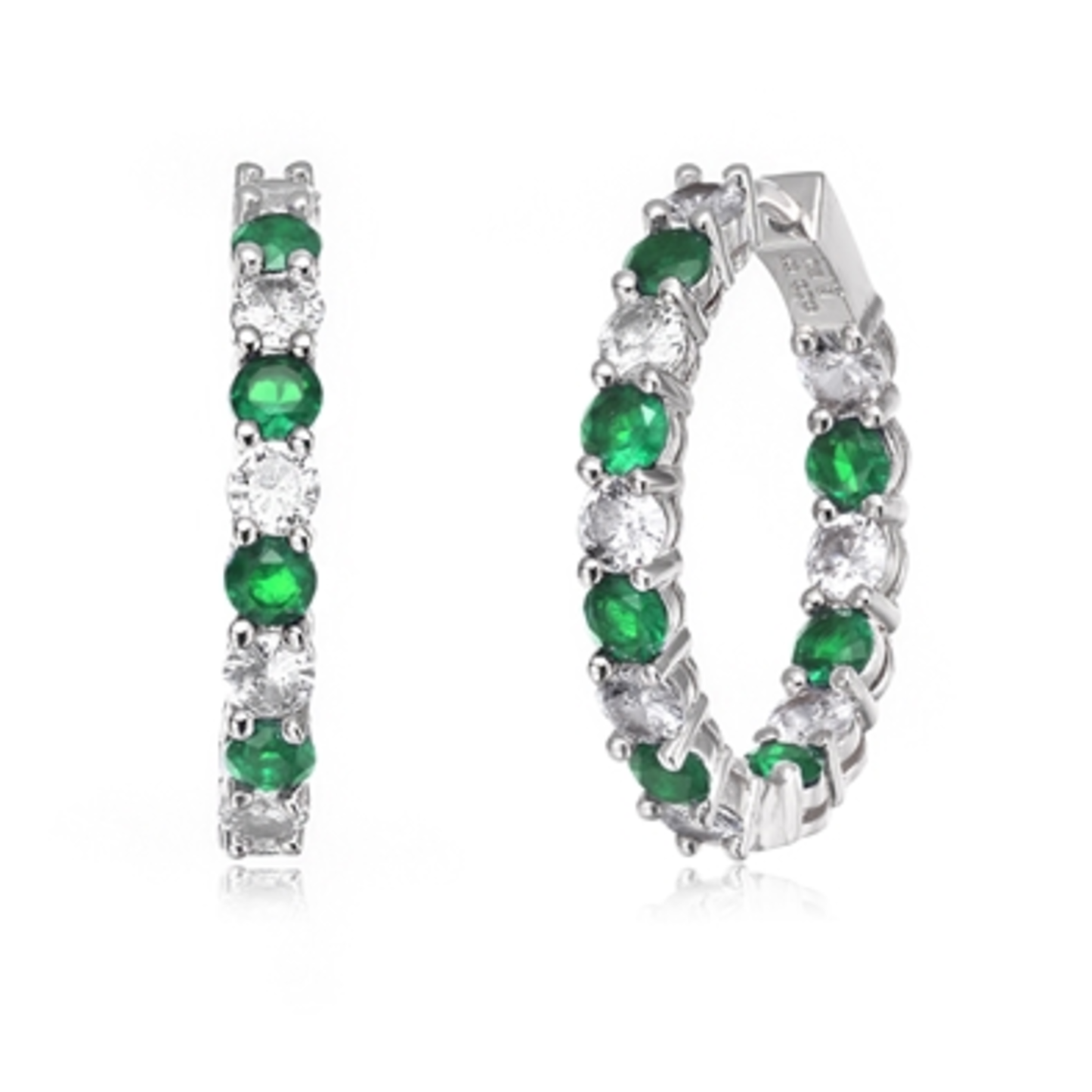 CZ RHODIUM GREEN CLASSIC HOOP EARRINGS, GREEN