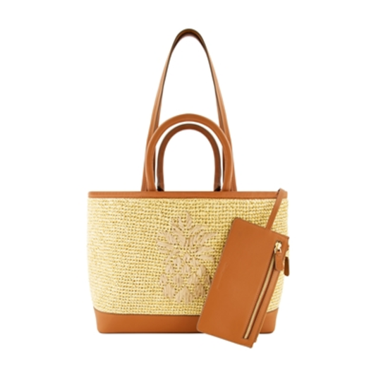 LEATHER TRIM RAFFIA TOTE W/ WALLET, TAN/BROWN, 11"
