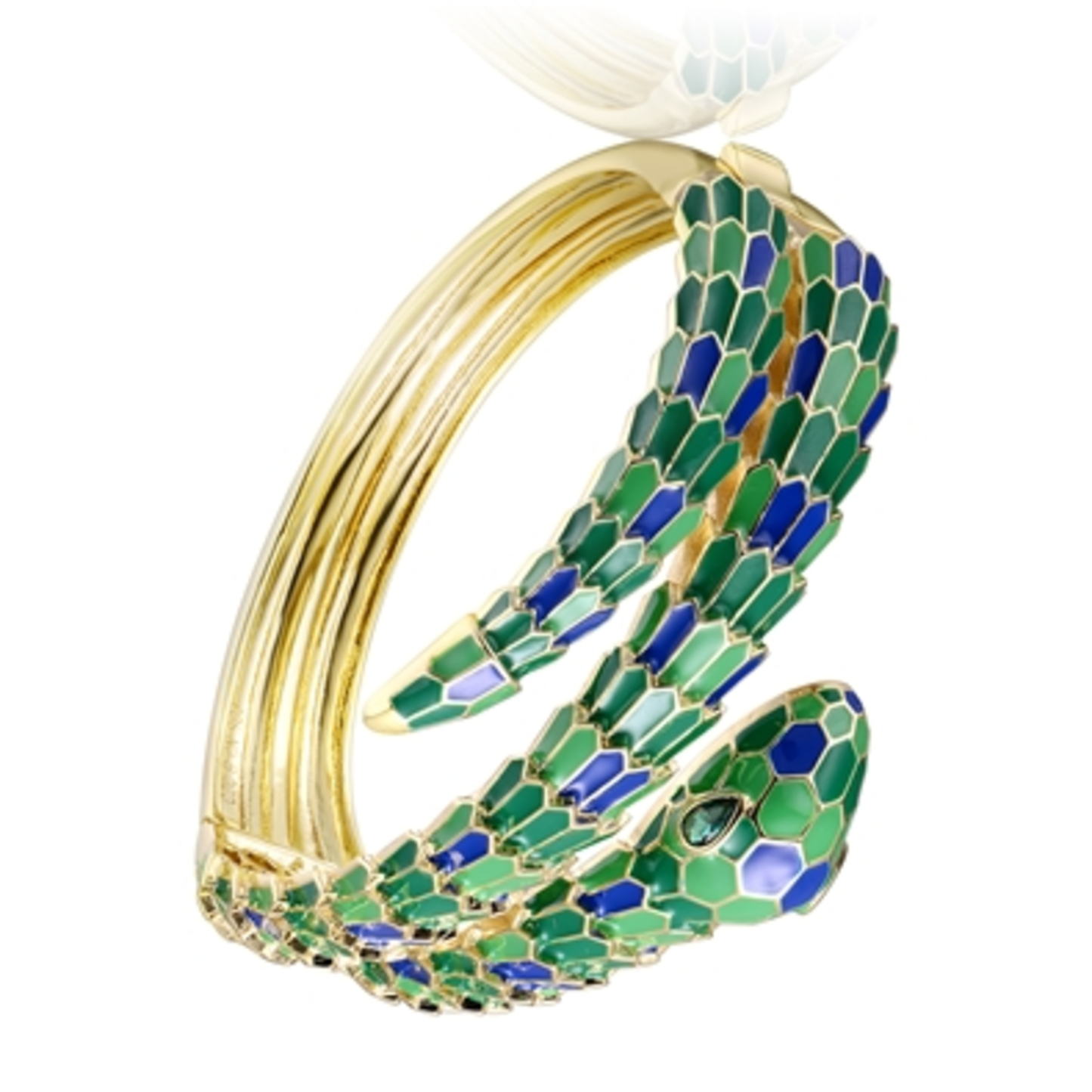 14K GOLD GREEN DAZZLE SERPENT BANGLE, GREEN, 7"
