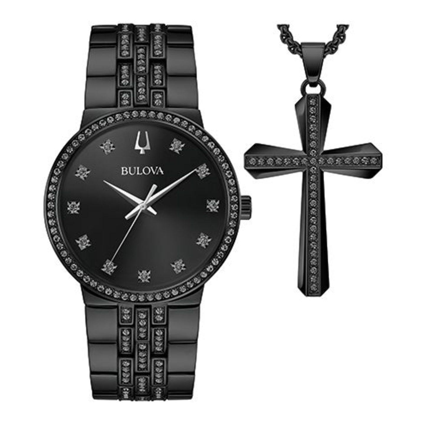 MENS CLASSIC CRYSTAL BLACK ION-PLATED WATCH & CROSS NECKLACE