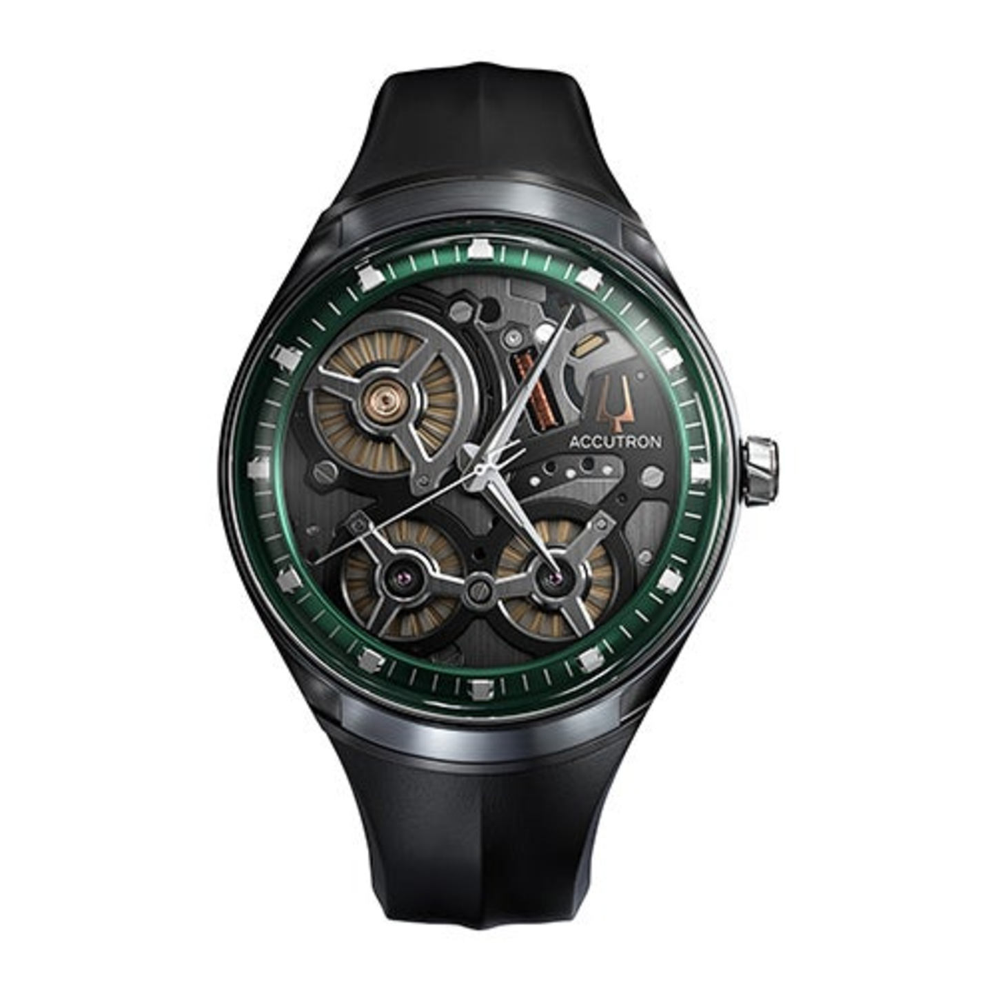 MEN'S ACCUTRON DNA ELECTROSTATIC GREEN & BLACK RUBBER STRAP WATCH, GRAY DIAL