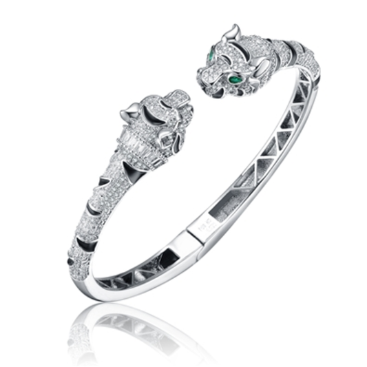 RHODIUM CZ GREEN EYED TIGER BANGLE, CLEAR, 7"