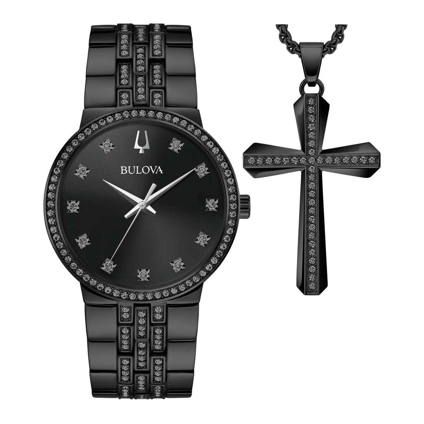 MENS CLASSIC CRYSTAL BLACK ION-PLATED WATCH & CROSS NECKLACE