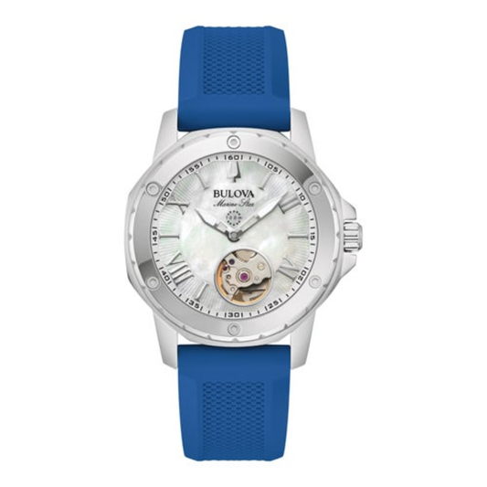 MEN'S MARINE STAR AUTOMATIC SILVER & BLUE SILICONE STRAP WATCH, MOP DIAL