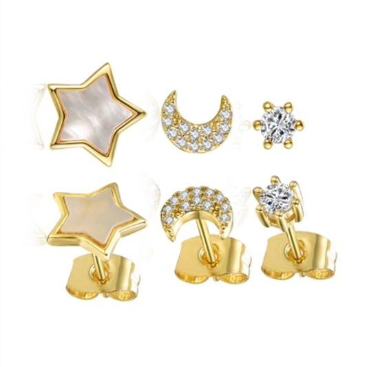 14K GOLD CELESTIAL STUD EARRINGS, GOLD
