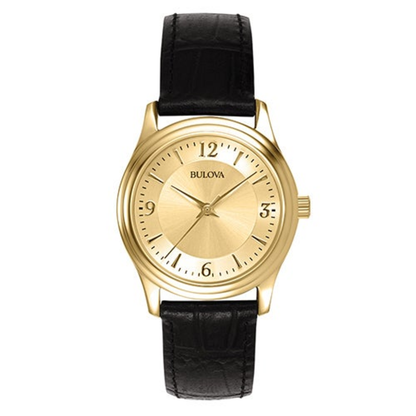 CORPORATE LADIES GOLD-TONE BLACK LEATHER STRAP WATCH GOLD DIAL