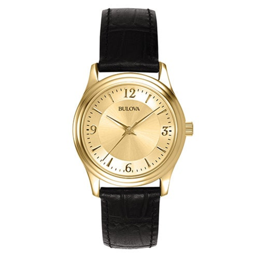CORPORATE LADIES GOLD-TONE BLACK LEATHER STRAP WATCH GOLD DIAL
