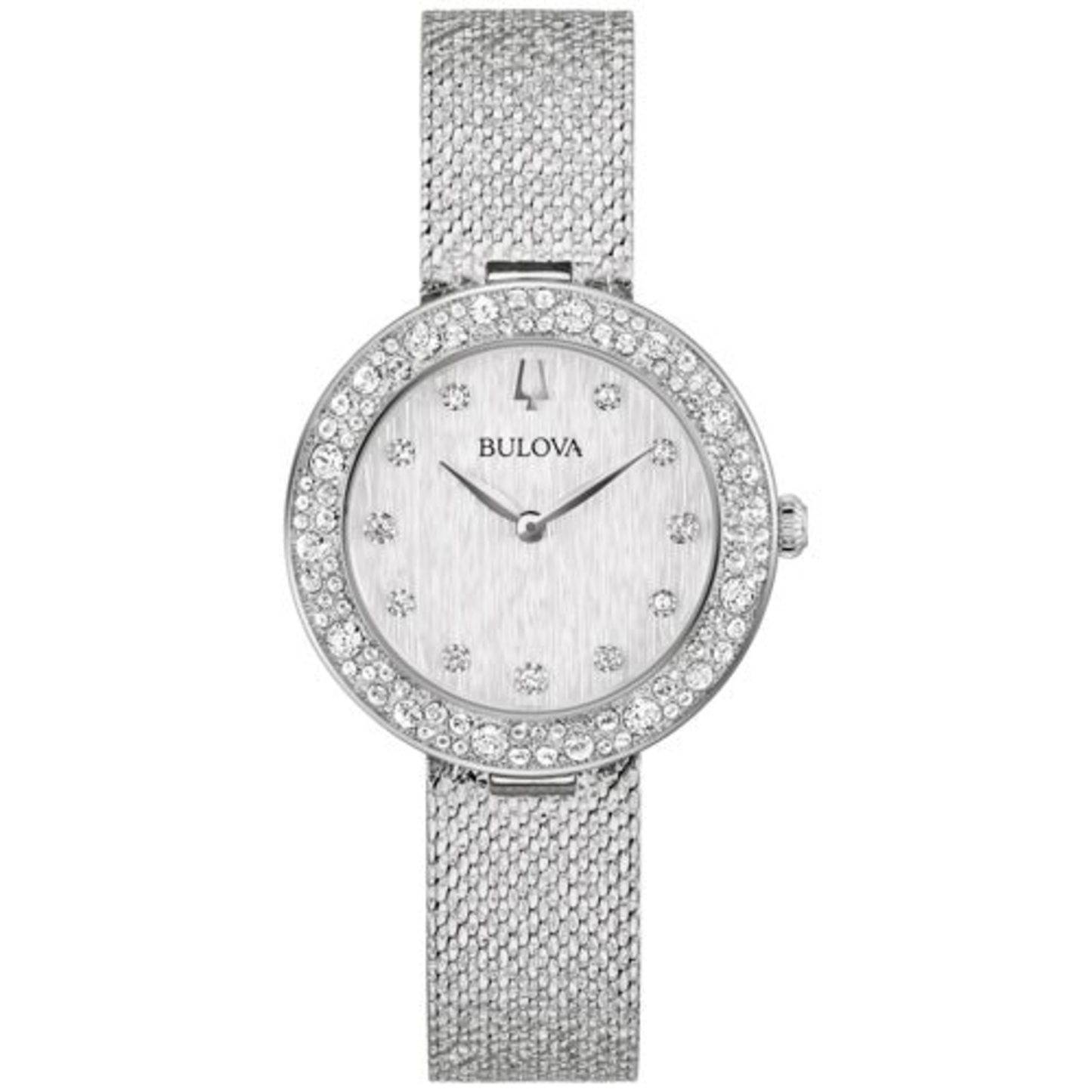 LADIES' CHAMPAGNE CRYSTAL SILVER-TONE MESH STRAP WATCH, SILVER DIAL