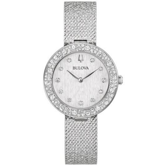 LADIES' CHAMPAGNE CRYSTAL SILVER-TONE MESH STRAP WATCH, SILVER DIAL