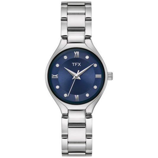 LADIES' TFX SILVER-TONE STAINLESS STEEL WATCH W/ CRYSTAL MARKERS, NAVY DIAL