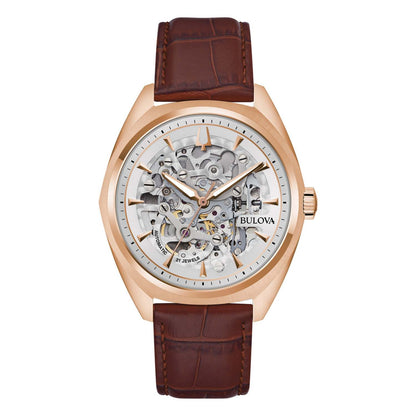 MEN'S SURVEYOR AUTOMATIC BROWN LEATHER STRAP WATCH, SILVER SKELETON DIAL