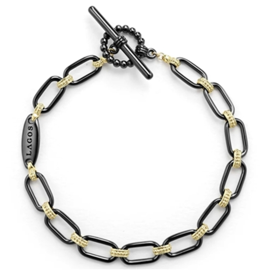 18K GOLD AND CERAMIC LINK BRACELET, GOLD/BLACK, 7"