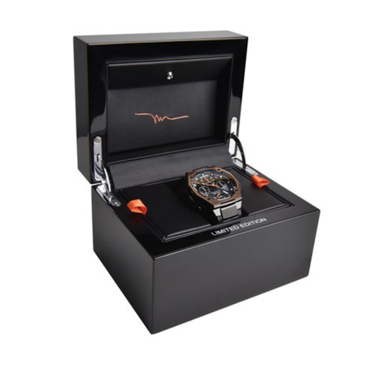 MEN'S SERIES X MARC ANTHONY CHRONOGRAPH BLACK LEATHER STRAP, BLACK DIAL