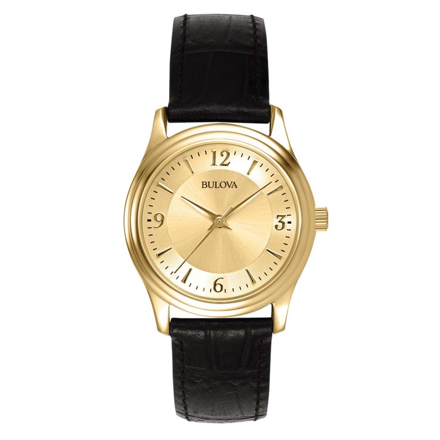 CORPORATE LADIES GOLD-TONE BLACK LEATHER STRAP WATCH GOLD DIAL