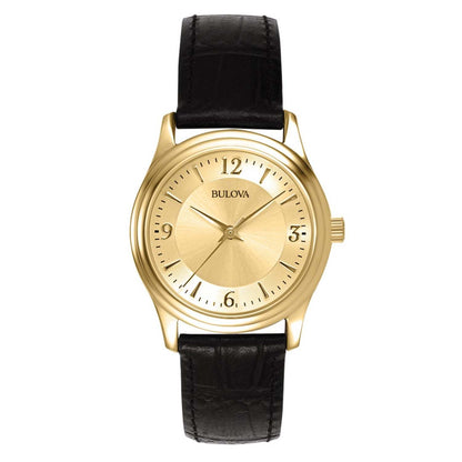 CORPORATE LADIES GOLD-TONE BLACK LEATHER STRAP WATCH GOLD DIAL