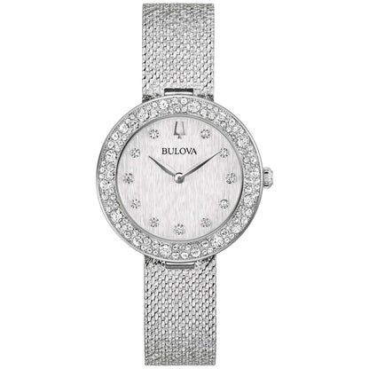 LADIES' CHAMPAGNE CRYSTAL SILVER-TONE MESH STRAP WATCH, SILVER DIAL