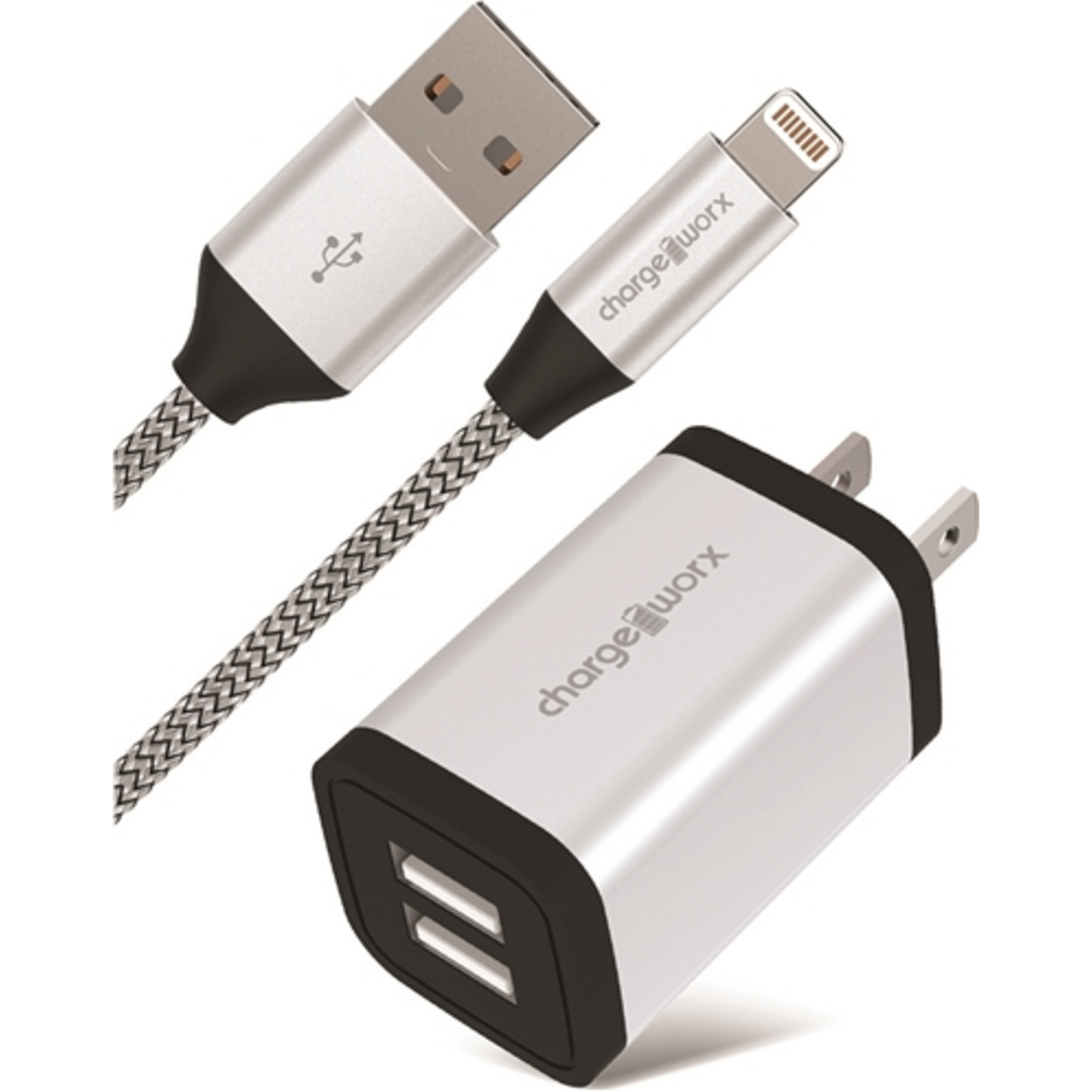 LIGHTENING CABLE W/ DUAL USB CHARGER, SILVER