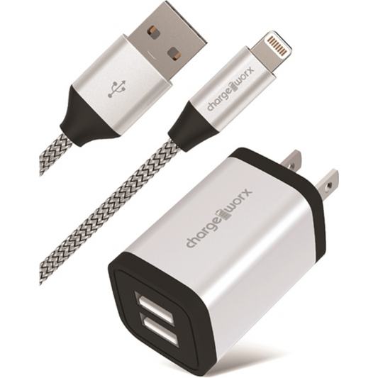 LIGHTENING CABLE W/ DUAL USB CHARGER, SILVER
