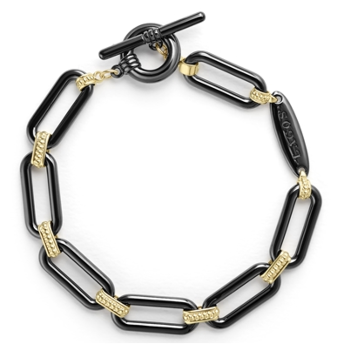 18K GOLD AND CERAMIC LINK BRACELET, GOLD/BLACK, 7"