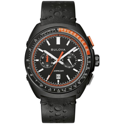 MEN'S RACER CHRONOGRAPH BLACK LEATHER STRAP WATCH, BLACK DIAL