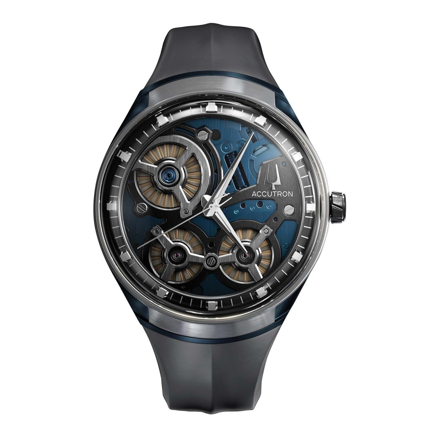 MEN'S ACCUTRON DNA ELECTROSTATIC BLUE & GRAY RUBBER STRAP WATCH, BLUE DIAL