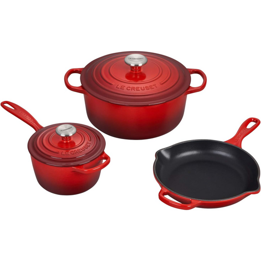 LE CREUSET 5PC SIGNATURE SET - CERISE (5.5QT. SIG. RDO, 1.75QT. SIG. SAUCEPAN, 9 INCHES SIG. SKILLET)