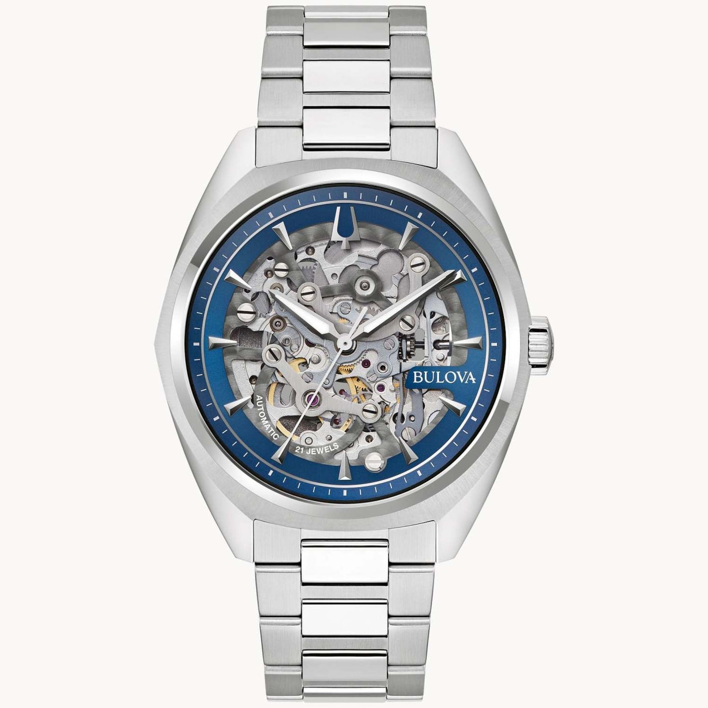 MEN'S SURVEYOR AUTOMATIC SILVER-TONE STAINLESS STEEL WATCH, SILVER SKELETON DIAL