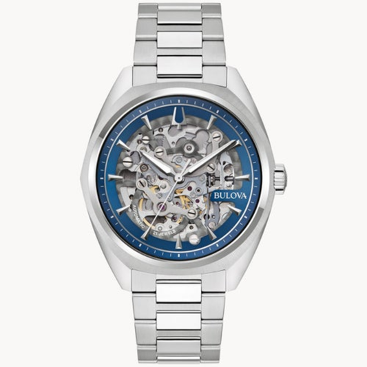 MEN'S SURVEYOR AUTOMATIC SILVER-TONE STAINLESS STEEL WATCH, SILVER SKELETON DIAL