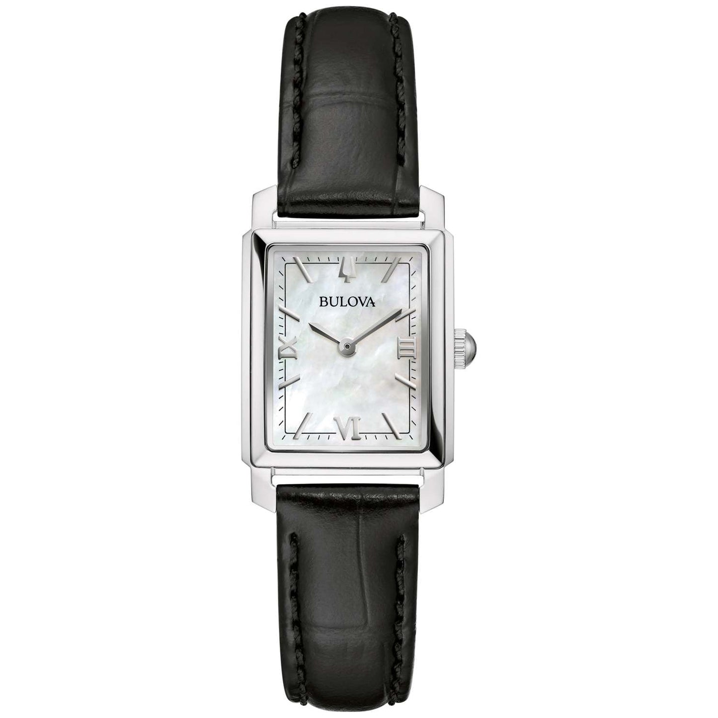 LADIES' SUTTON GOLD & BLACK LEATHER STRAP RECTANGLE WATCH, MOTHER-OF-PEARL DIAL