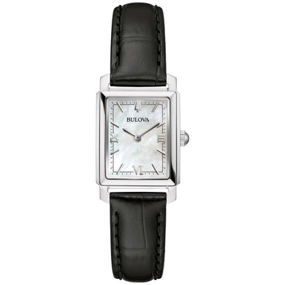 LADIES' SUTTON GOLD & BLACK LEATHER STRAP RECTANGLE WATCH, MOTHER-OF-PEARL DIAL