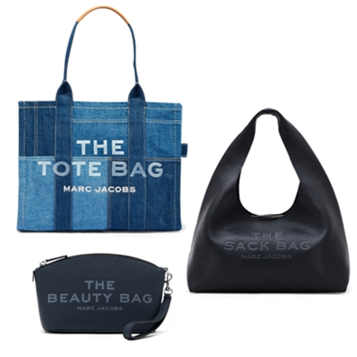 LARGE TOTE & TRAVEL ESSENTIALS TRIO, BLACK/DENIM/BLUE