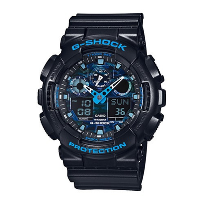 MENS G-SHOCK ANA-DIGI BLACK RESIN WATCH BLUE CAMOUFLAGE DIAL