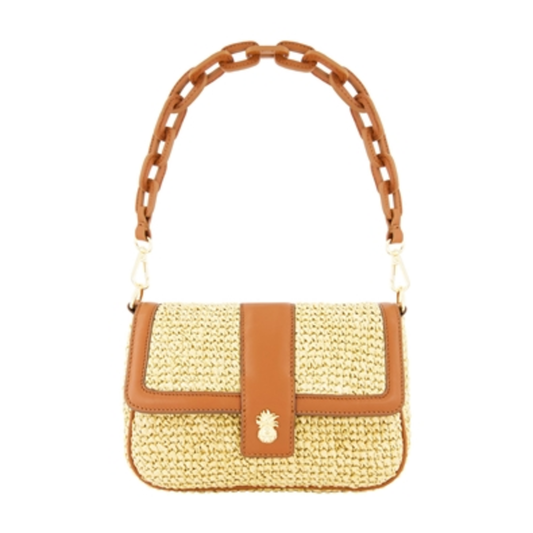 RAFFIA FLAP BAG W/ DOUBLE LEATHER STRAP, MULTI, 6.5"