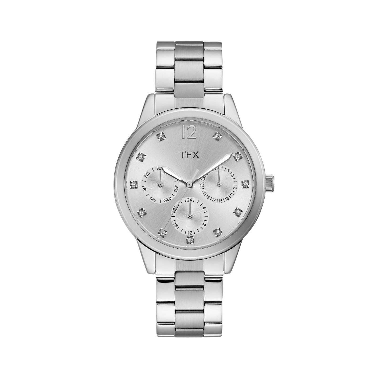 LADIES' TFX SILVER-TONE SS CRYSTAL WATCH, SILVER DIAL