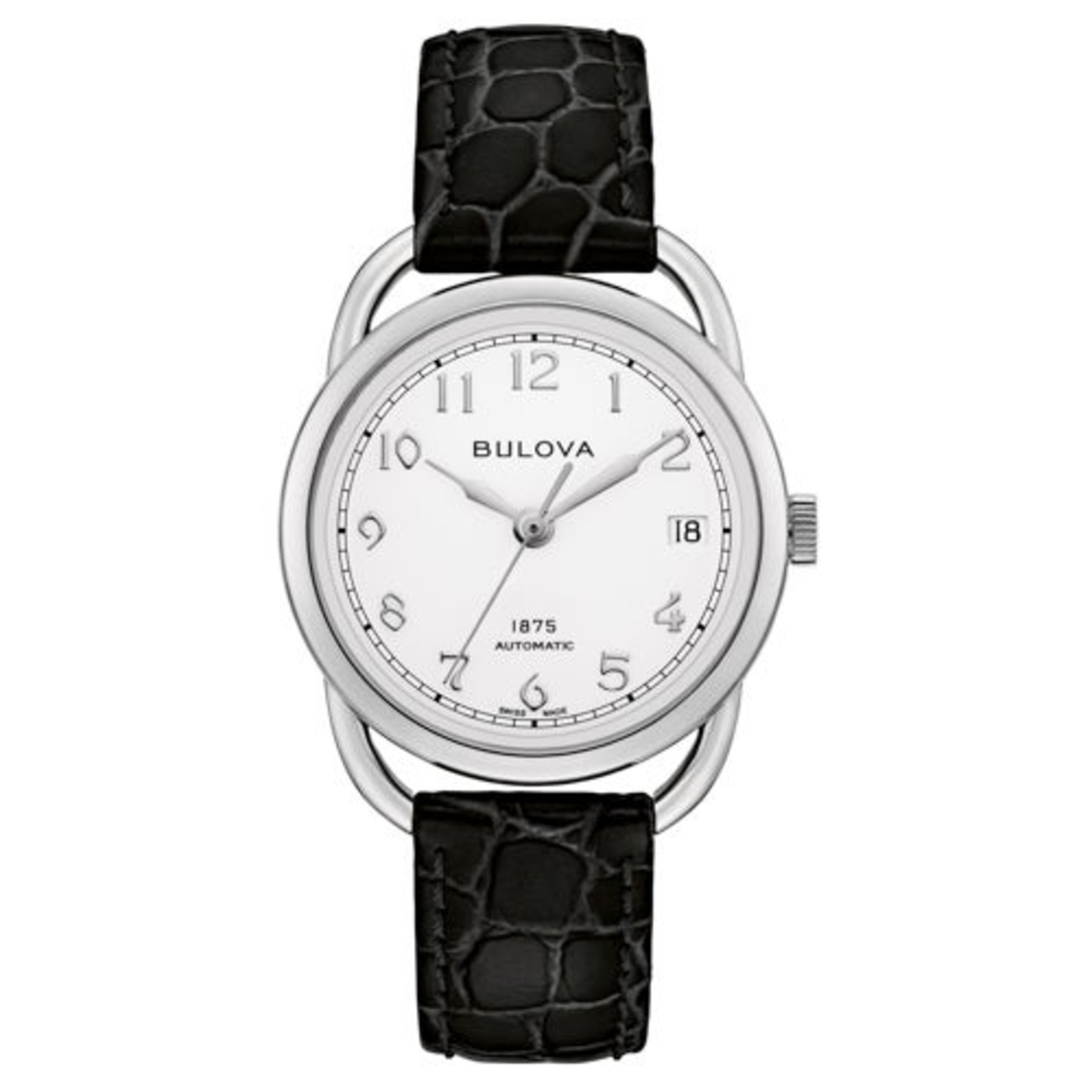 LADIES' JOSEPH BULOVA COMMODORE AUTOMATIC BLACK LEATHER STRAP WATCH, WHITE DIAL