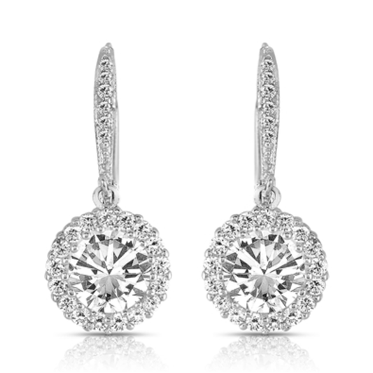 RHODIUM PLATED ROUND DROP EURO EARRINGS, CLEAR, 1.25