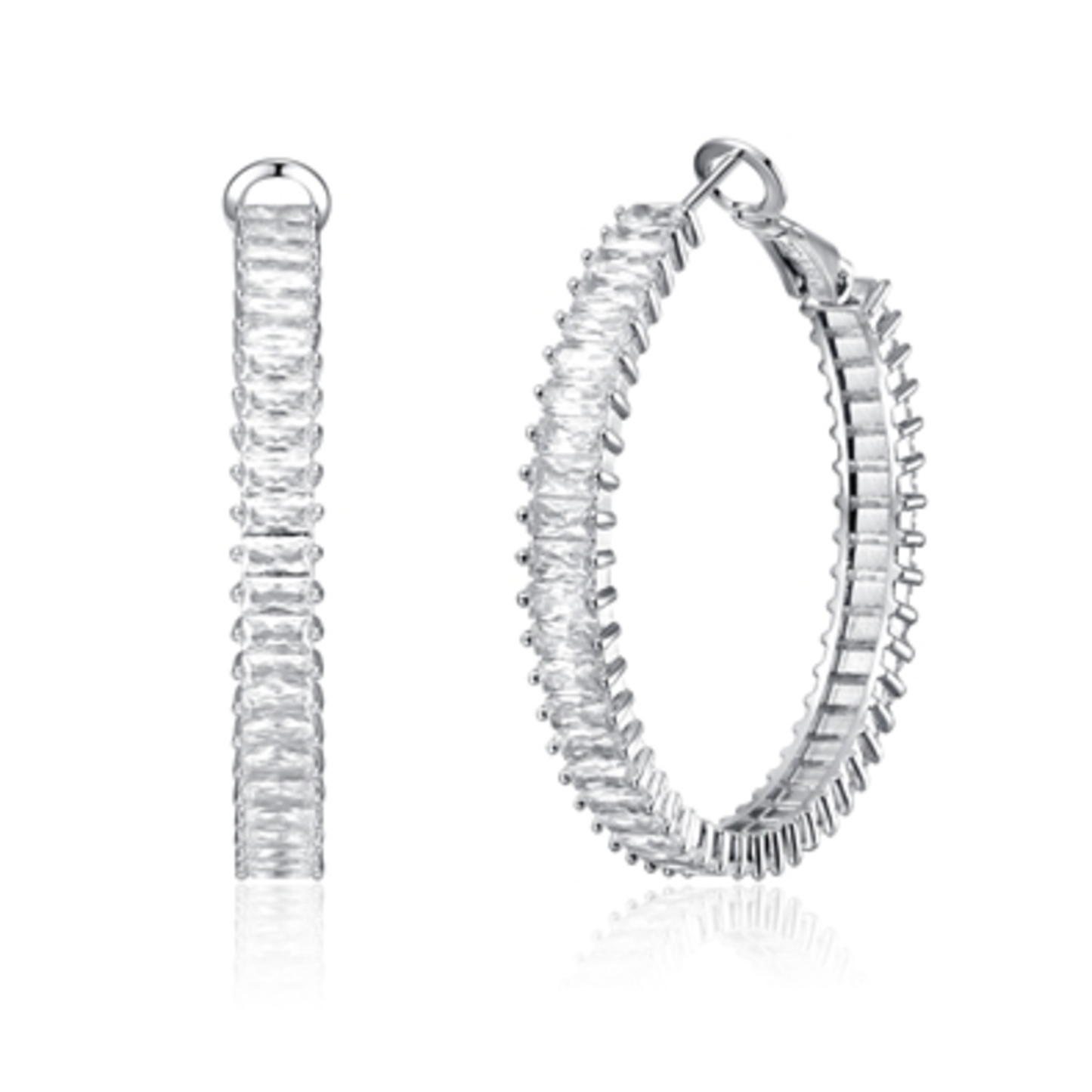 CZ RHODIUM LEVERBACK HOOP EARRINGS, CLEAR