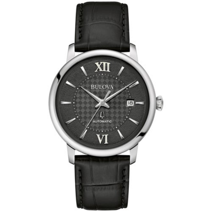 MEN'S HUDSON AUTOMATIC BLACK LEATHER STRAP WATCH, BLACK BASKETWEAVE DIAL