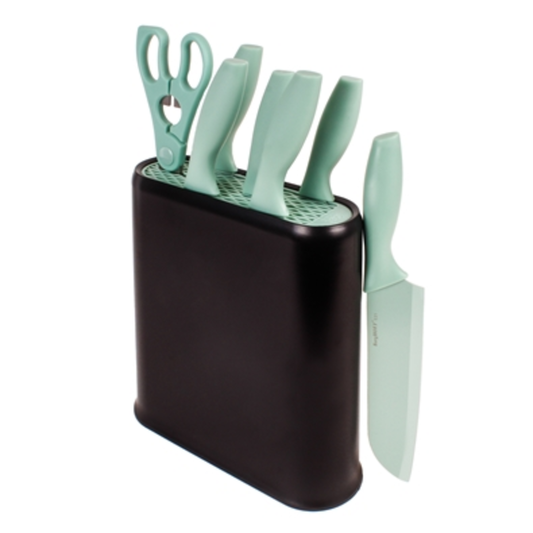 8PC PP KNIFE SET WITH UNIVERSAL KNIFE BLOCK, MINT/BLACK