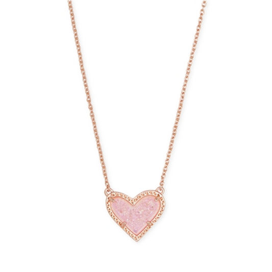 ARI HEART SHORT PENDANT NECKLACE, ROSE GOLD PINK DRUSY