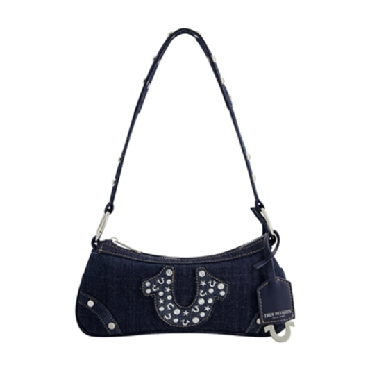 STUDDED HORSESHOE SHOULDER BAG, DENIM, 4.5 X 11''