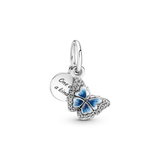 BLUE BUTTERFLY  AND  QUOTE DOUBLE DANGLE CHARM, BLUE