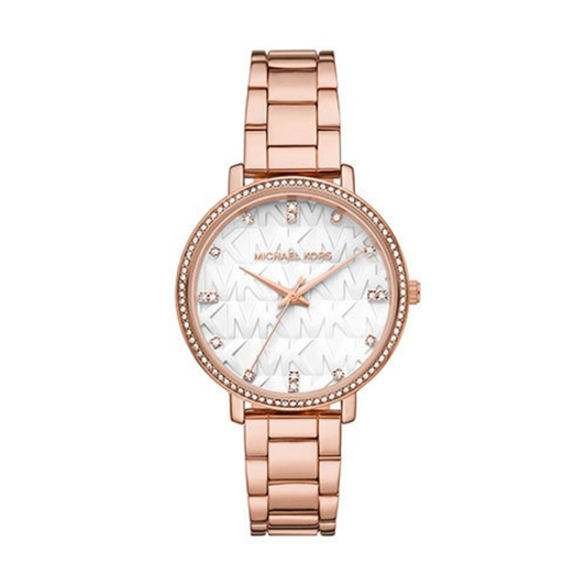 LADIES PYPER ROSE GOLD-TONE STAINLESS STEEL WATCH WHITE MK LOGO DIAL
